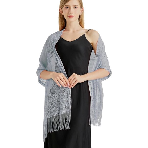 Women Gray Lace Floral Shawls and Wraps Bridal HeadScarf for Evening Dress - Picture 3 of 6